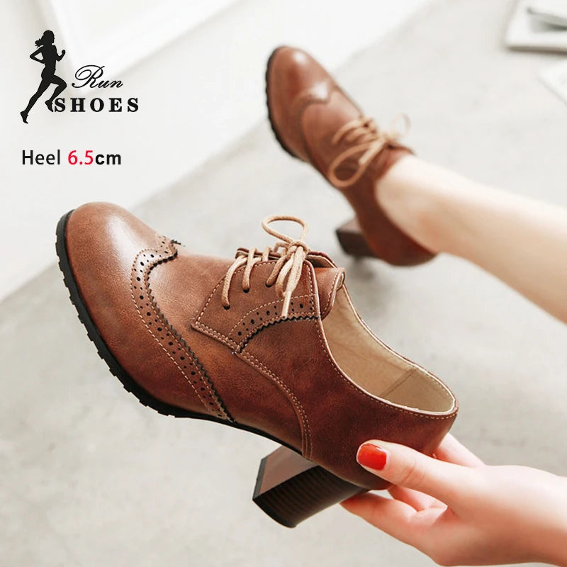 British Style Women Lace-up High Heels 6.5CM Chunky Heel Spring Autumn Shallow Mouth Round Toe Single Shoes Woman Pumps Size 43