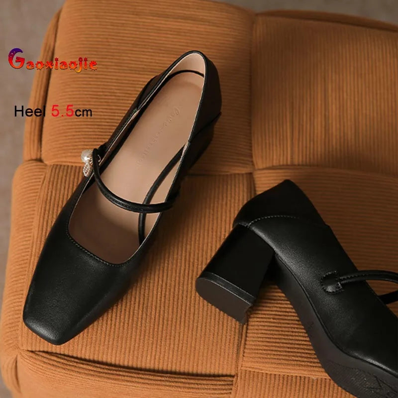 Ladies New High Heels 2026 Spring Summer 5.5CM Chunk Heel Vintage Mary Janes Shoes With Buckle Non-Slip Solid Color Woman Pumps