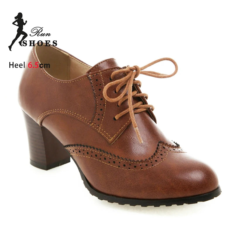 British Style Women Lace-up High Heels 6.5CM Chunky Heel Spring Autumn Shallow Mouth Round Toe Single Shoes Woman Pumps Size 43