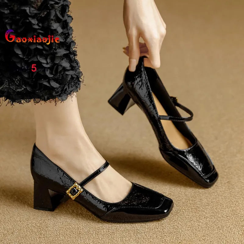 Spring New French Style Vintage Women Pumps Fashion Coarse Heel Square Head Shallow Mouth Single Shoes 5CM High Heels Lady Shoes