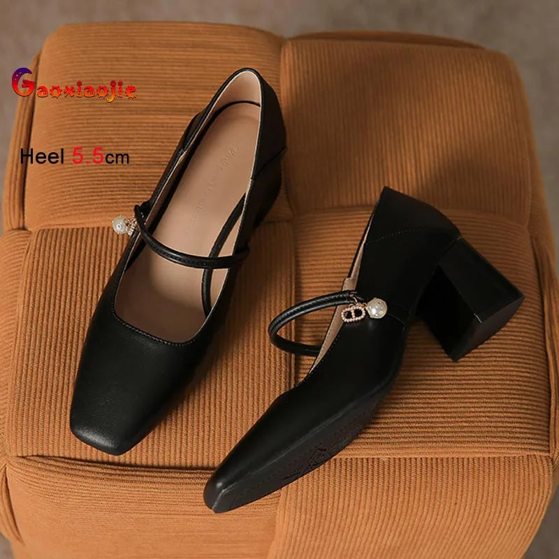 Ladies New High Heels 2026 Spring Summer 5.5CM Chunk Heel Vintage Mary Janes Shoes With Buckle Non-Slip Solid Color Woman Pumps