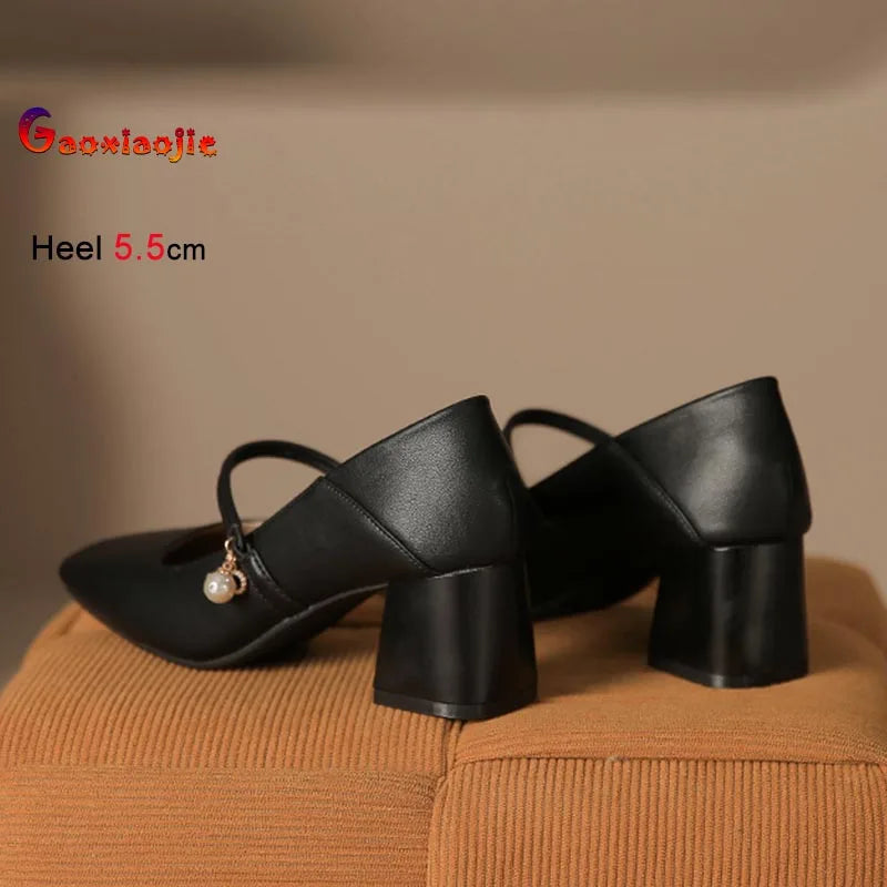 Ladies New High Heels 2026 Spring Summer 5.5CM Chunk Heel Vintage Mary Janes Shoes With Buckle Non-Slip Solid Color Woman Pumps